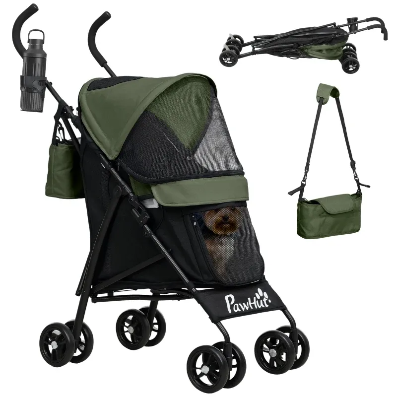Hundewagen Hundebuggy klappbar – Sicherheitsleinen, Netzfenster, Dunkelgrün