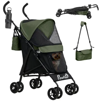 Hundewagen Hundebuggy klappbar – Sicherheitsleinen, Netzfenster, Dunkelgrün