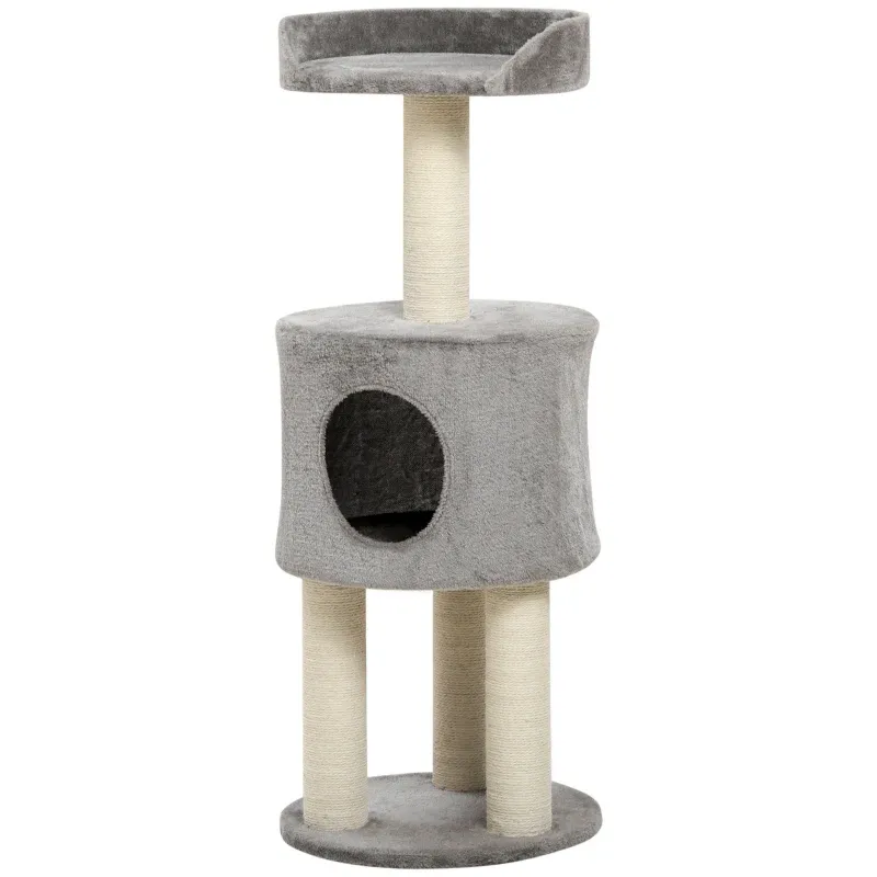 Kratzbaum 103 cm – Sisal, Höhle, Beobachtungsplattform, Plüsch, Grau