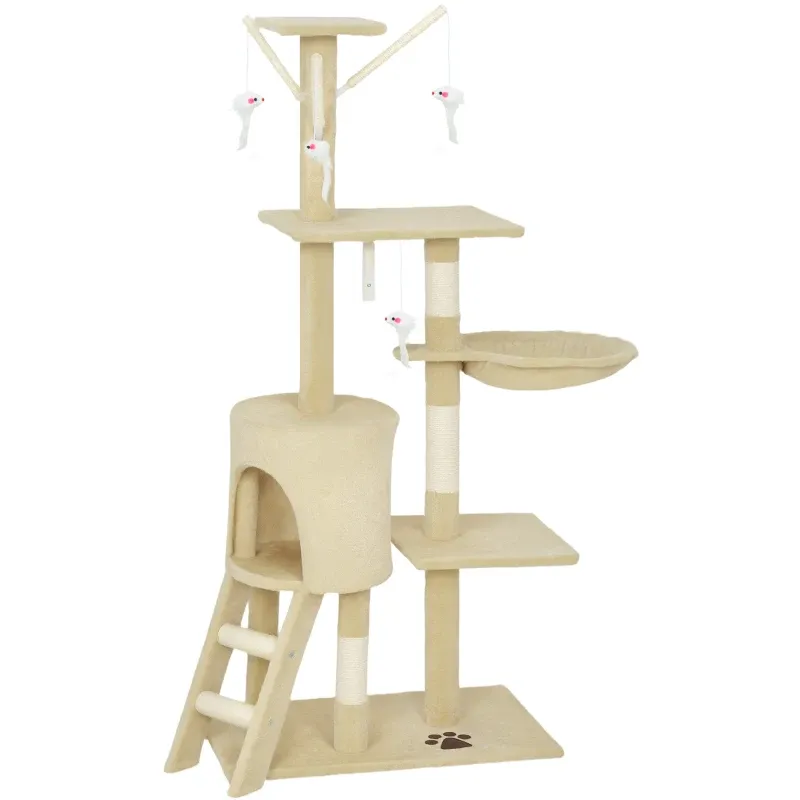 Kratzbaum 134 cm – Höhle, 4 Spielzeuge, Sisalstämme, Treppe, Beige