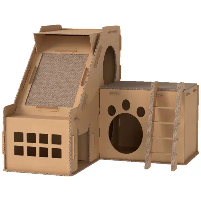 Katzenhöhle, Kratzbaum Karton Burgform – 2 Kratzflächen, Katzenminze, 67x66x57 cm