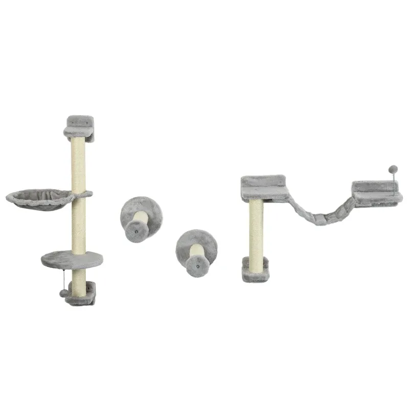 Wand-Kratzbaum 4-teilig – Hängematte, Bommel, Sprungplattformen, Grau