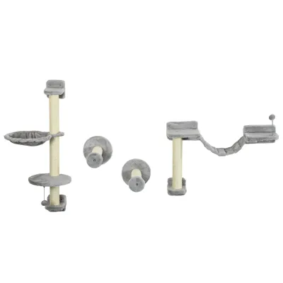 Wand-Kratzbaum 4-teilig – Hängematte, Bommel, Sprungplattformen, Grau