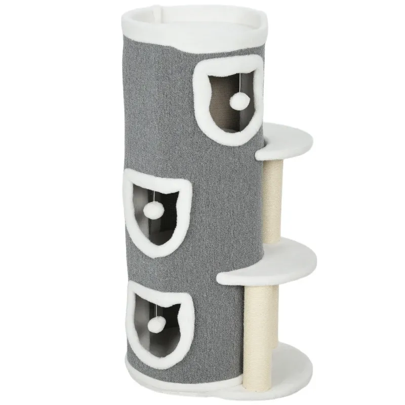 Katzenturm 101 cm – 3 Ebenen, 3 Höhlen, Spielbälle, Sisal, Grau