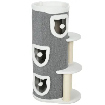 Katzenturm 101 cm – 3 Ebenen, 3 Höhlen, Spielbälle, Sisal, Grau