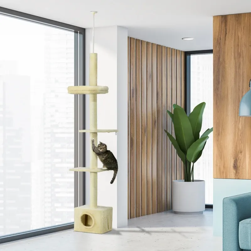 Kratzbaum Deckenhoch 240-270 cm – 4 Ebenen, Höhle, Sisal, Beige