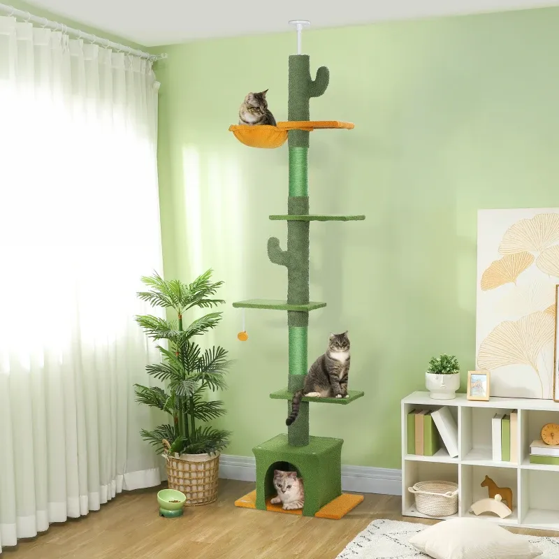 Kratzbaum Kaktus Deckenhoch 230-275 cm – Hängematte, Grün