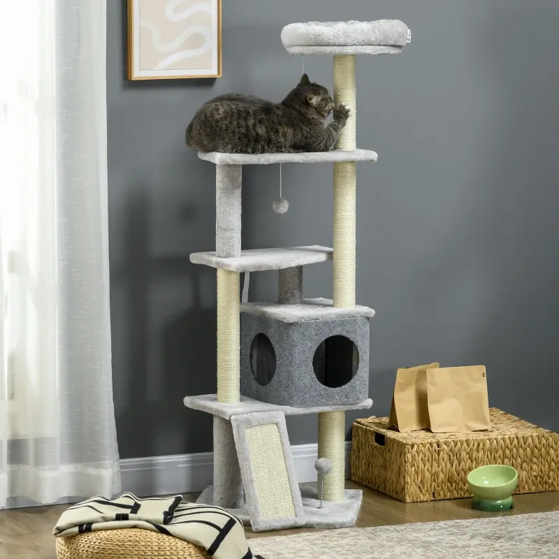 Katzenbaum 146 cm – Multi-Ausstattung, Kratzbretter, Höhle, Korb, Grau