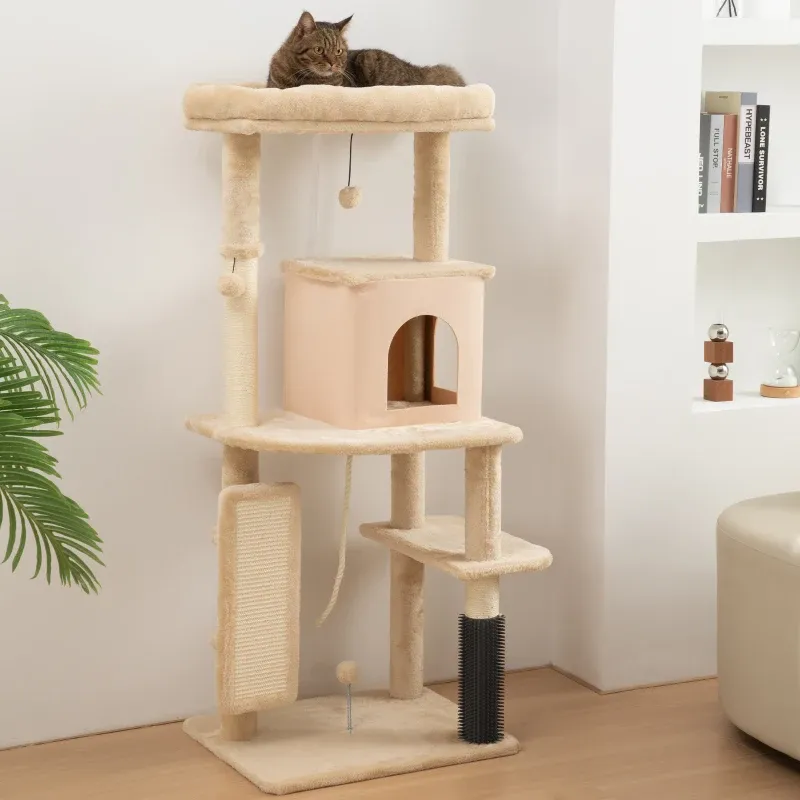 Kratzbaum 132 cm – Häuschen, Bettchen, Kratzsäulen, Bürste, Ball, Beige