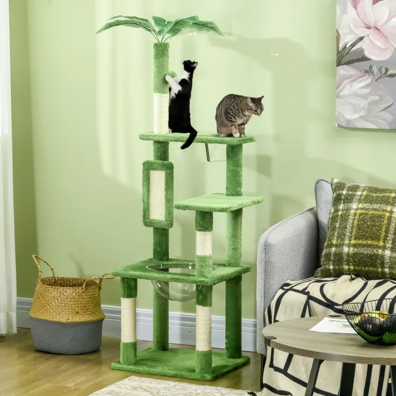 Katzenbaum Palme 142 cm – Mehrere Ebenen, Hängematte, Kratzbaum, Grün