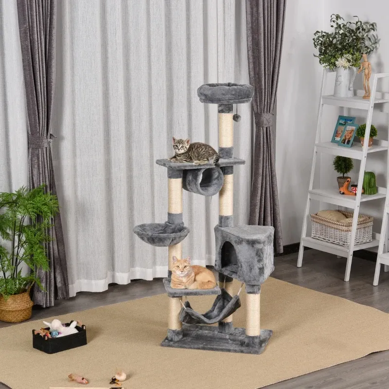 Kratzbaum 154 cm – Höhle, Hängematte, schwebende Betten, Sisal, Grau