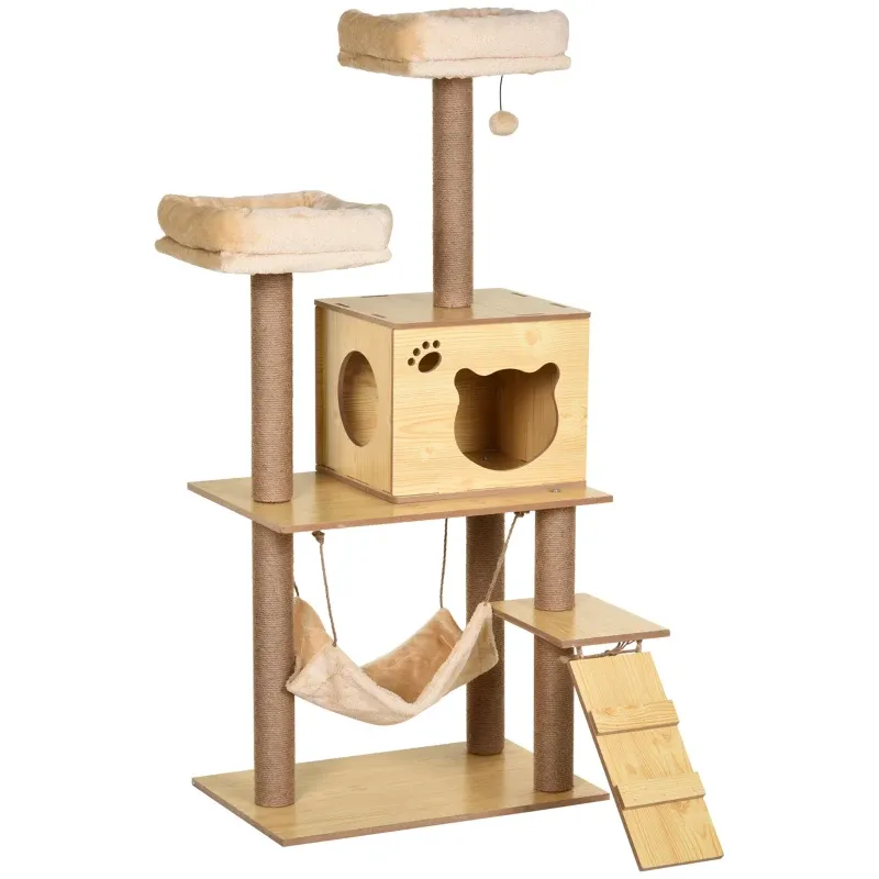 Katzenbaum 130 cm – Kratzbretter, Höhle, Hängematte, Beige