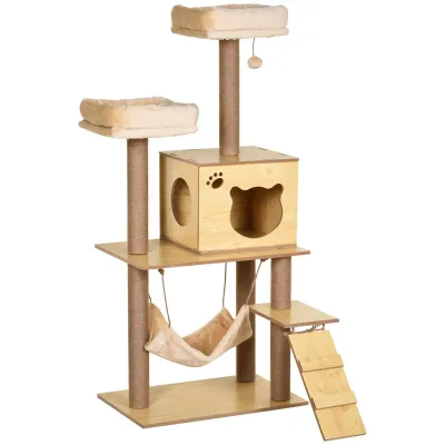 Katzenbaum 130 cm – Kratzbretter, Höhle, Hängematte, Beige