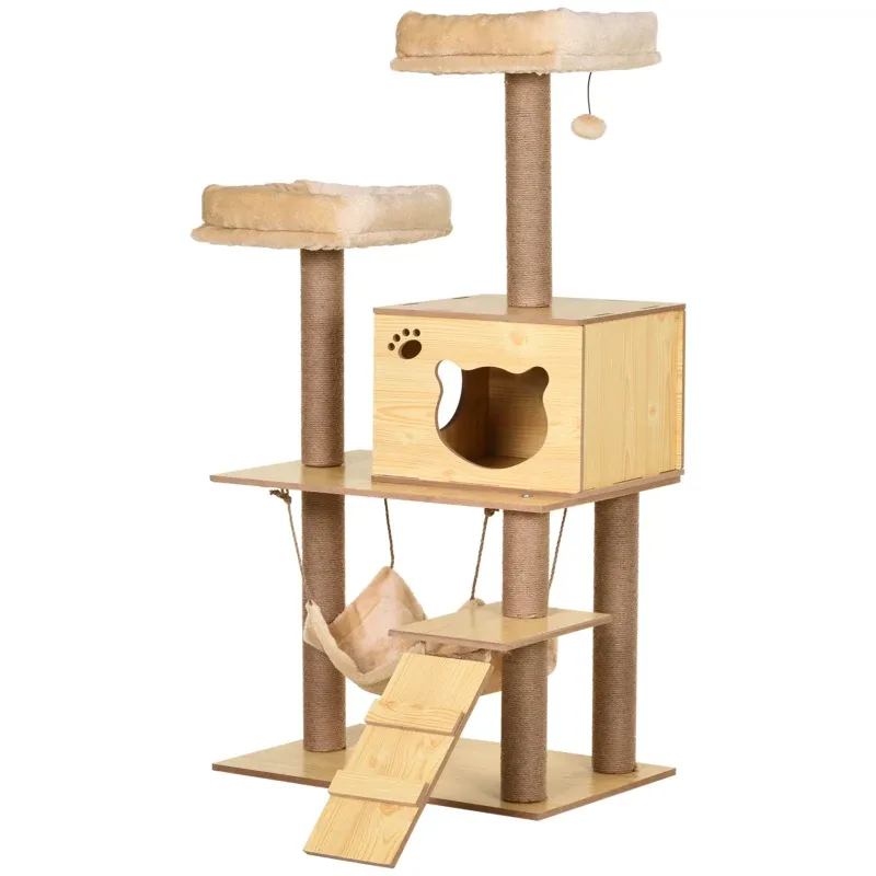 Katzenbaum 130 cm – Kratzbretter, Höhle, Hängematte, Beige
