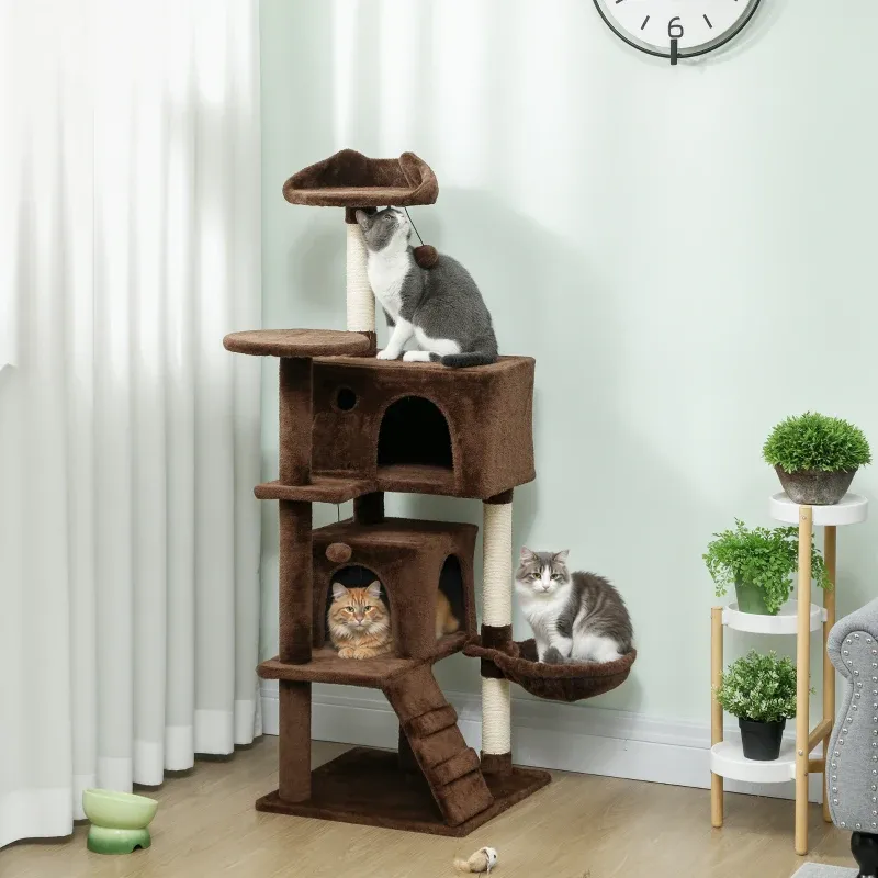 Kratzbaum 140 cm – Plattformen, Bett, 2 Höhlen, Hängematte, Leiter, Braun