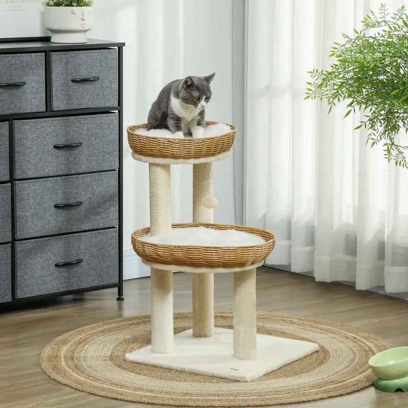 Katzenbaum 75,5 cm – 2 Liegekörbe Rattan, Kratzbretter, Beige