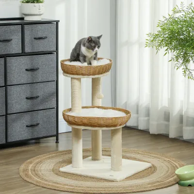 Katzenbaum 75,5 cm – 2 Liegekörbe Rattan, Kratzbretter, Beige