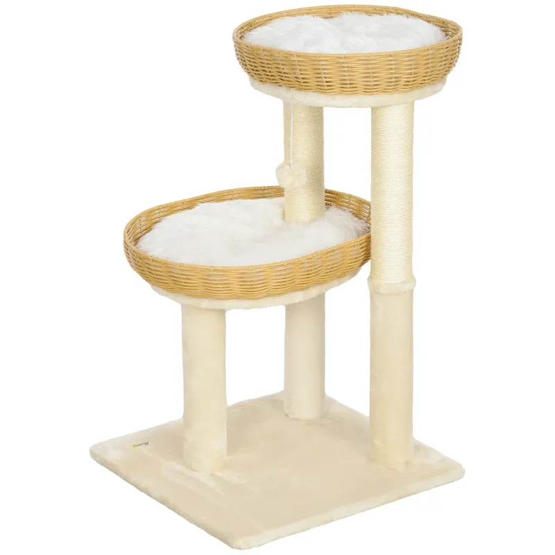 Katzenbaum 75,5 cm – 2 Liegekörbe Rattan, Kratzbretter, Beige