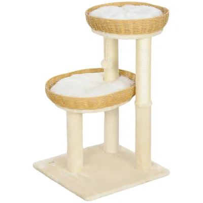 Katzenbaum 75,5 cm – 2 Liegekörbe Rattan, Kratzbretter, Beige