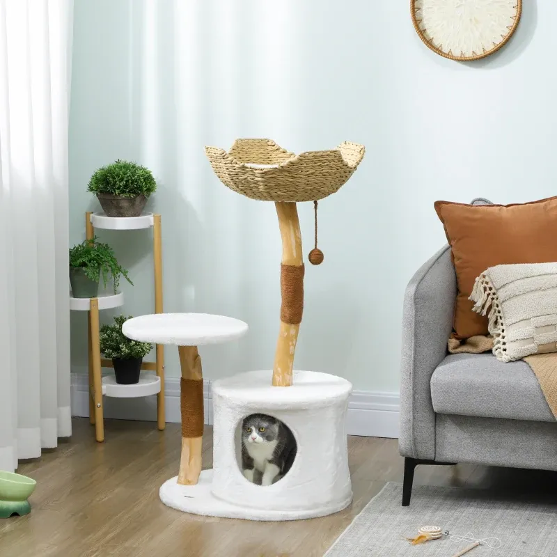Kratzbaum 102 cm – Spielzeugturm, Bett, Höhle, waschbares Kissen, Weiss