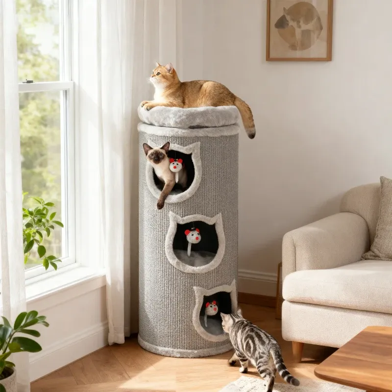 Katzenkratztonne 96 cm – 4 Ebenen, 3 Höhlen, waschbares Bett, Grau