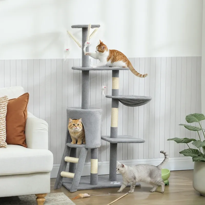 Kratzbaum 134 cm – Höhle, 4 Spielzeuge, Sisalstämme, Treppe, Grau
