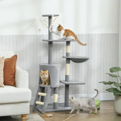 Kratzbaum 134 cm – Höhle, 4 Spielzeuge, Sisalstämme, Treppe, Grau