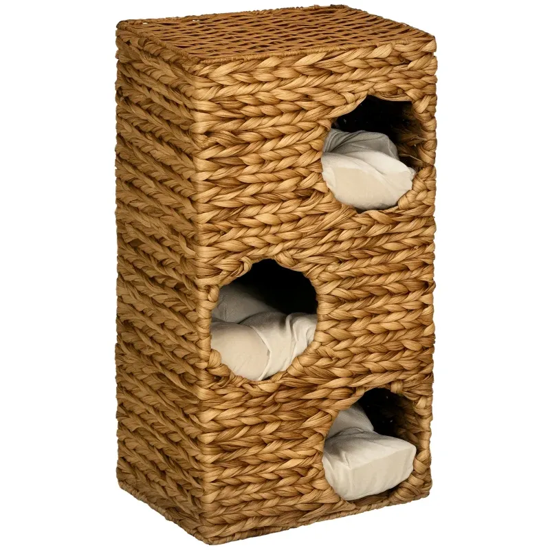 Kratzbaum 76 cm – 3 Etagen, Kissen, Wasserhyazinthe, Hellbraun