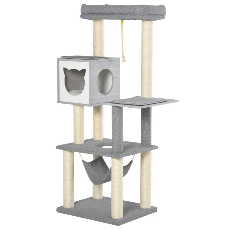 Kratzbaum Gross 155 cm – Hängematte, Kletterbaum, Katzenkiste, Grau/Weiss