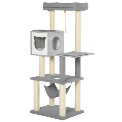 Kratzbaum Gross 155 cm – Hängematte, Kletterbaum, Katzenkiste, Grau/Weiss