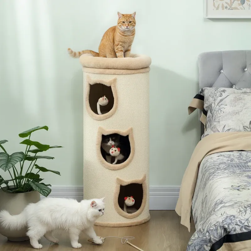 Katzenkratztonne 96 cm – 4 Ebenen, 3 Höhlen, waschbares Bett, Beige