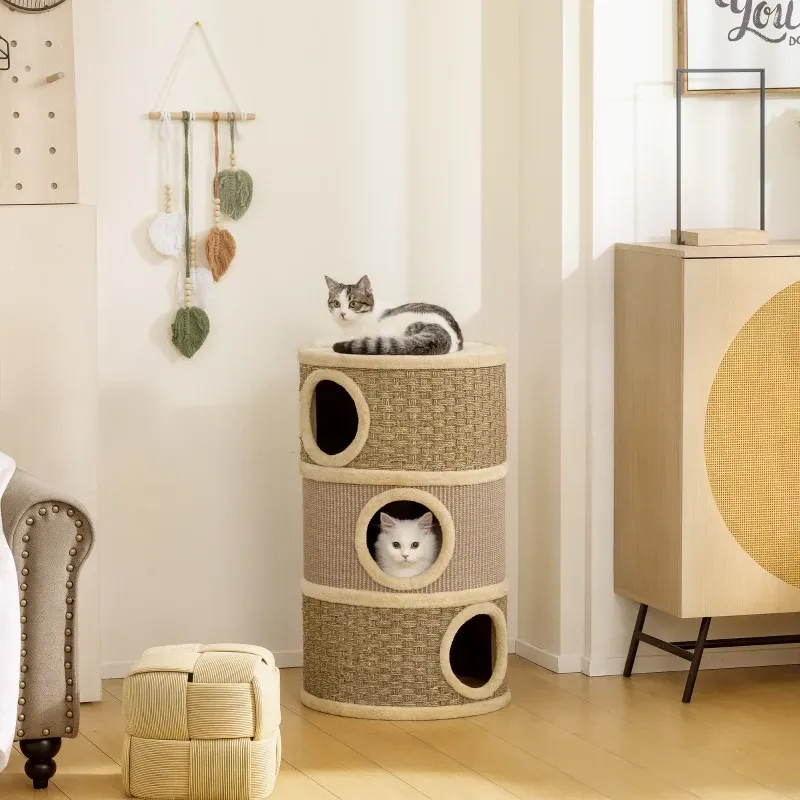Kratztonne 79 cm – 3 Ebenen, Sisalseil, Katzenhöhle, Khaki+Braun