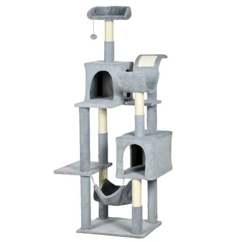 Kratzbaum 177 cm – Hängematte, Liegebett, 2 Höhlen, Grau/Weiss