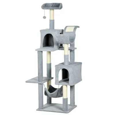 Kratzbaum 177 cm – Hängematte, Liegebett, 2 Höhlen, Grau/Weiss