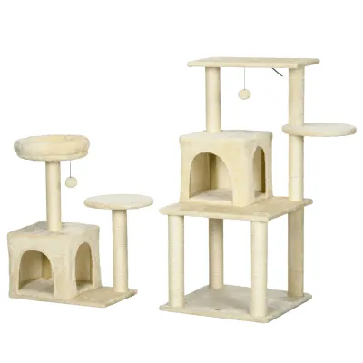 Katzenbaum 171 cm – 2 Höhlen, 6 Plattformen, 2 Bommel, Beige