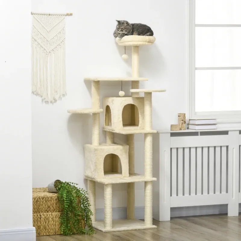 Katzenbaum 171 cm – 2 Höhlen, 6 Plattformen, 2 Bommel, Beige