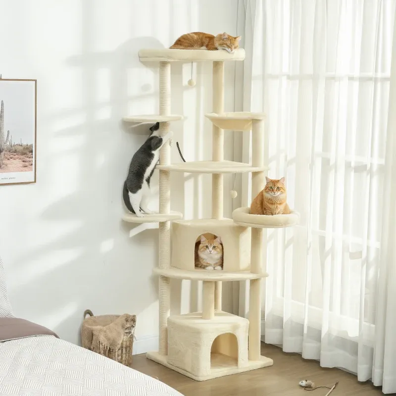 XXL Kratzbaum 200 cm – 2-3 Katzen, Höhlen, Hängematte, Sisal, Beige