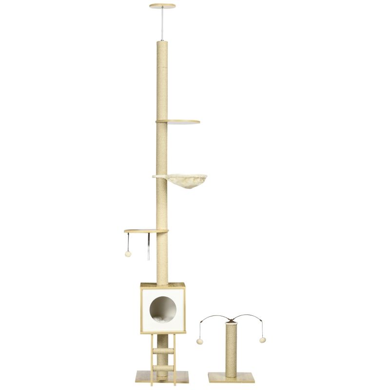 Kratzbaum Deckenhoch 225-285 cm – 4 Ebenen, Höhle, Hängematte, Beige