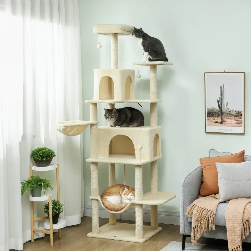 Kratzbaum 202 cm – Plattform, Bett, 2 Höhlen, Sisal, Beige