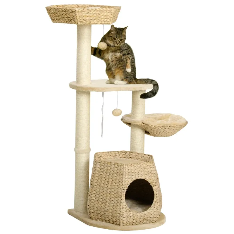 Kratzbaum 119 cm – Kratzbrett, Höhle, Hängematte, 2 Bälle, Creme