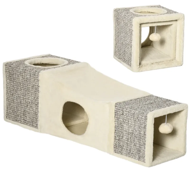 Katzentunnel – 2 Katzenhöhlen, Kratzflächen, Ballspielzeug, Braun/Beige