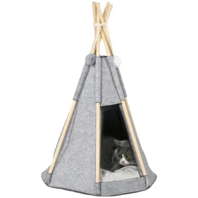 Tipi Zelt für Hunde und Katzen – Kissen, Bodenmatte, Pompons, Grau