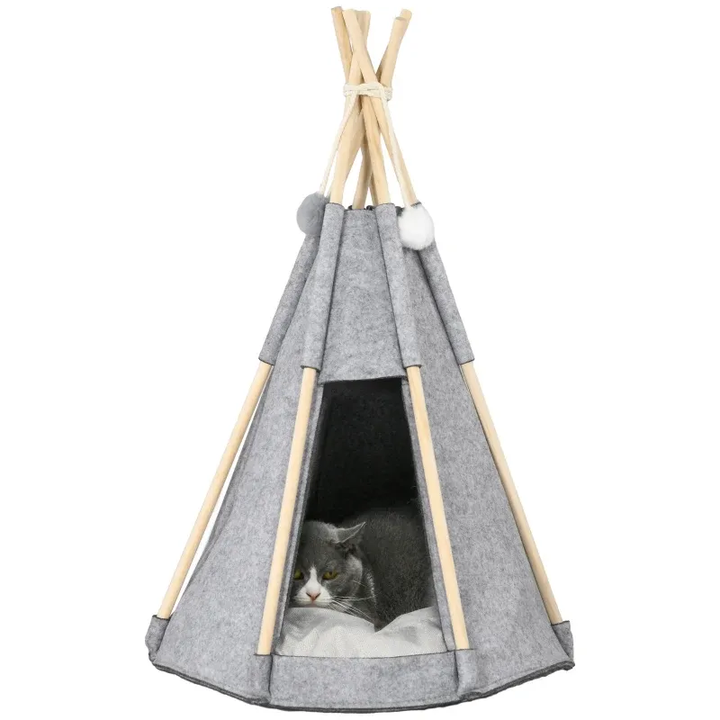 Tipi Zelt für Hunde und Katzen – Kissen, Bodenmatte, Pompons, Grau