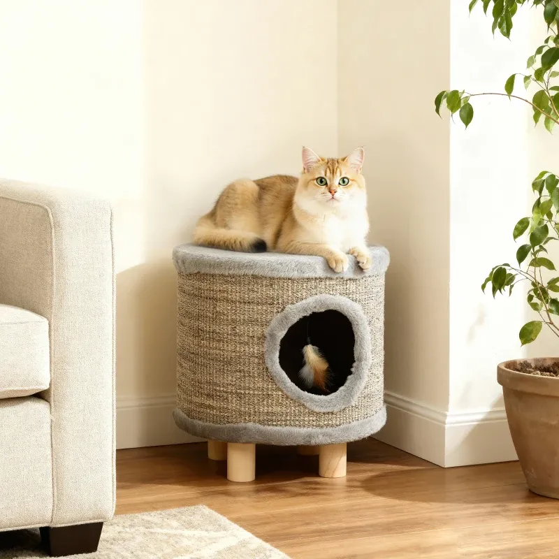 Katzenhaus 3-in-1 Hocker – Kratzfläche, Holzbeine, Feder, Grau