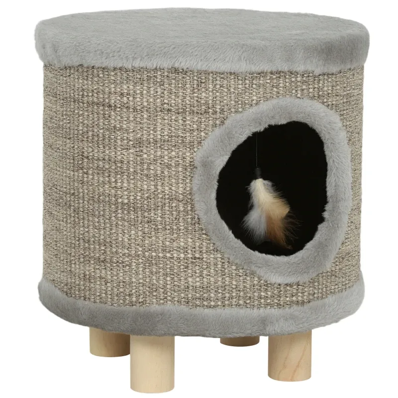 Katzenhaus 3-in-1 Hocker – Kratzfläche, Holzbeine, Feder, Grau