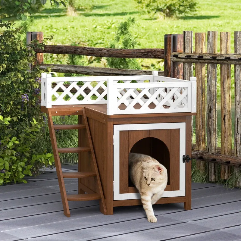Katzenhaus 2-stöckig – Balkon, Treppe, drinnen/draussen, Tannenholz, Braun