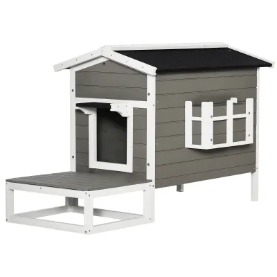 Katzenhaus Holz Winterfest – Asphaltdach, Terrasse, Grau/Weiss