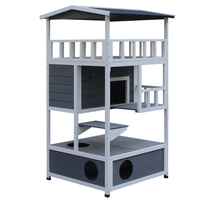 Katzenhaus Tannenholz – Terrasse, 4 Etagen, Treppe, Asphaltdach, Grau