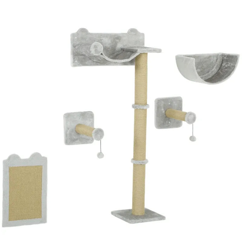 5-teiliges Kletterset – Kratzpfosten, Kratzmatte, Katzenbett, Spielzeugbälle, Hellgrau
