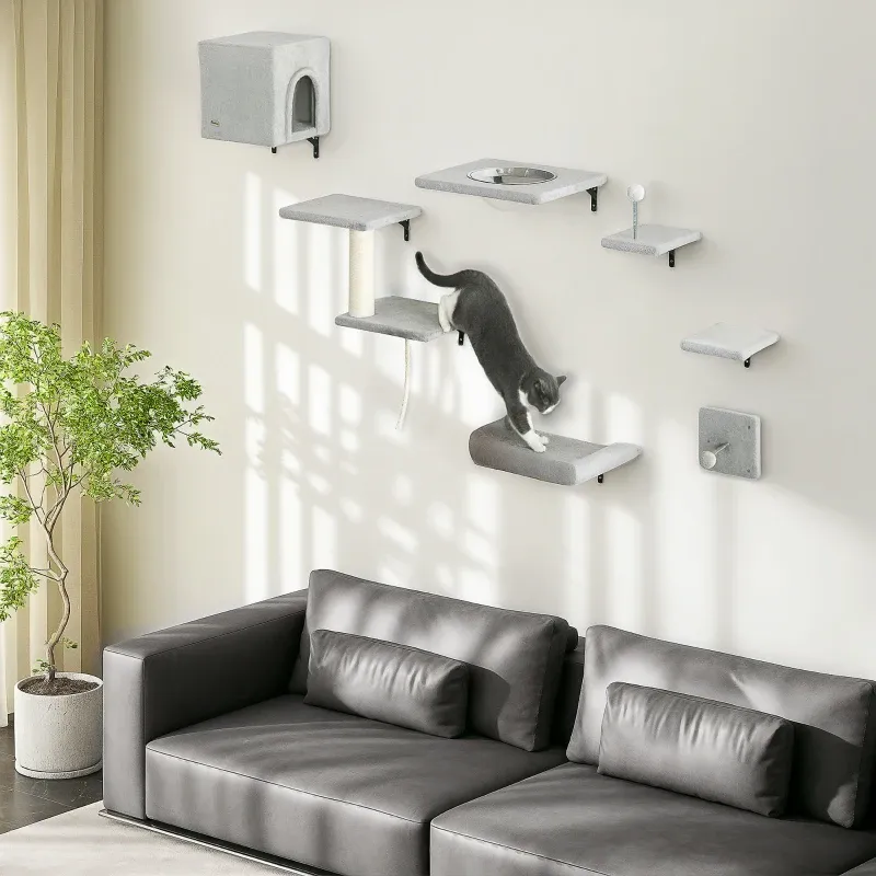 Kletterwand Katzen 7-teilig – Katzenhaus, Plattform, Grau